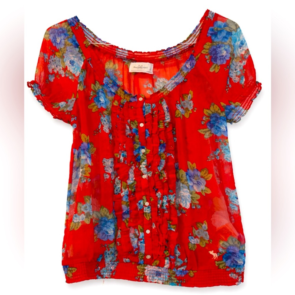 Abercrombie & Fitch Red Floral Sheer Ruffle Peasant Top Women’s Large Y2K NWOT